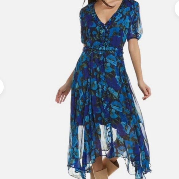 The Kooples Blue Long Printed Dress with Frills - Size 0 - Picture 1 of 5